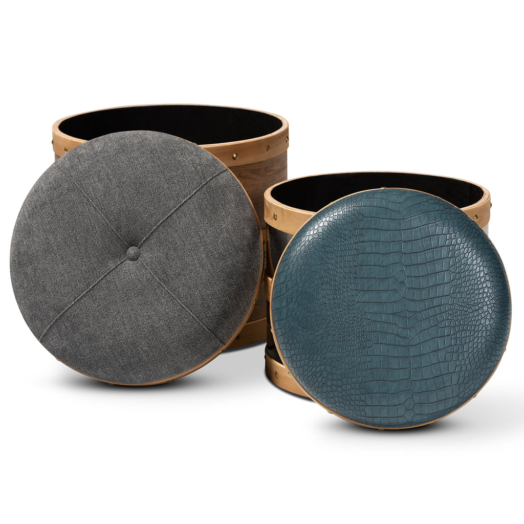 Grey Fabric and Blue Alligator Faux Leather 2-Piece Wood and Metal Storage Ottoman Set Z5835