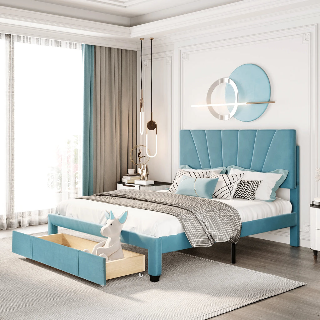 Queen Velvet Upholstered Platform Bed Frame with Drawer P635