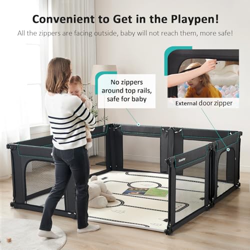 Black Adjustable Large Baby Playpen with Breathable Mesh G8968