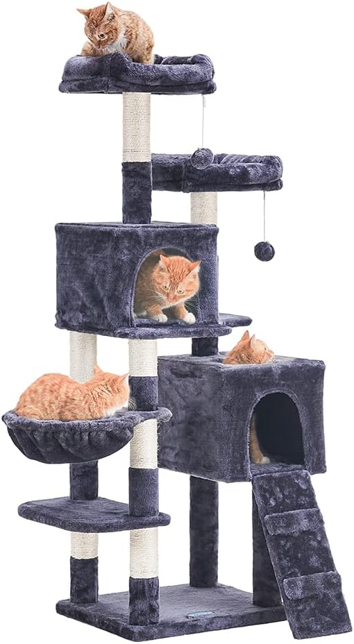 58'' Multi-Level Cat Tree Condo Furniture with Sisal-Covered Scratching Posts, 2 Plush Condos, Hammock (Light Gray) A4205