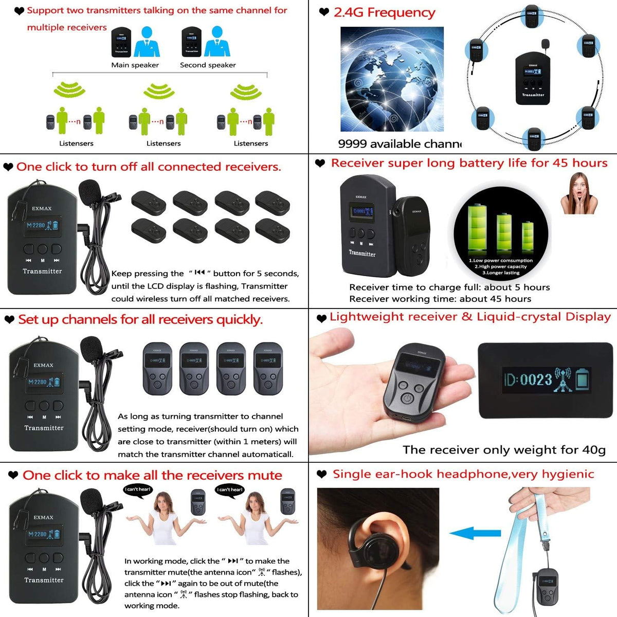 2.4GHz Wireless Audio Tour Guide System - 2 Transmitters 15 Receivers & Silver Storage Case Z692345