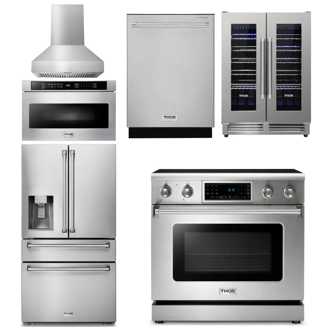 36 Electric Range, Range Hood, Microwave, Refrigerator, Dishwasher, Wine Cooler A854