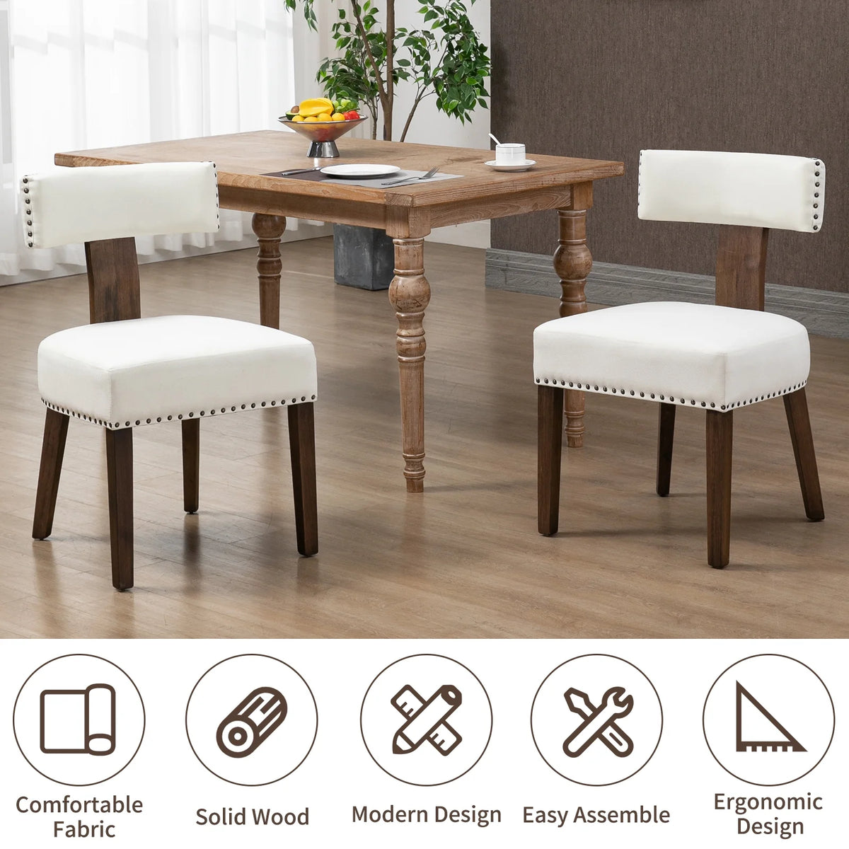 Beige Upholstered Linen Dining Chairs Set of 6 with Wooden Legs G70912