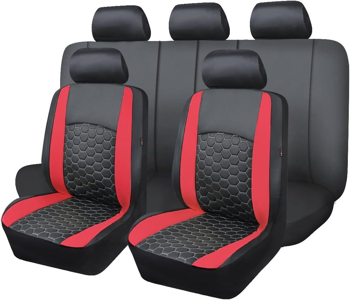 Red Black Faux Leather Car Seat Covers Full Set D74297