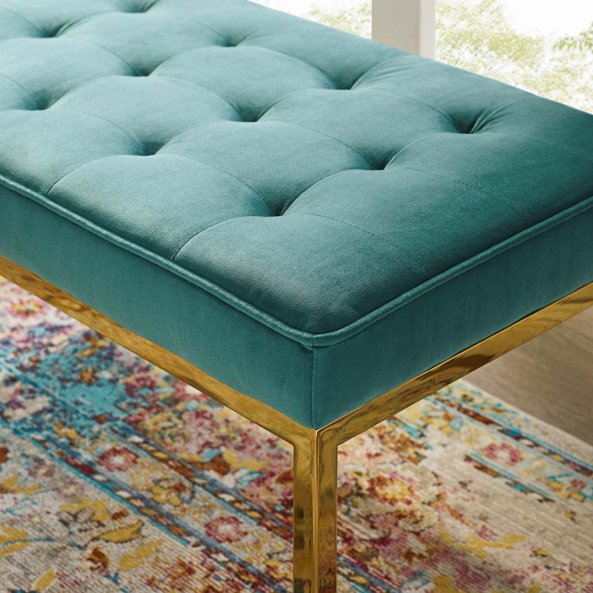 Teal Performance Velvet Bench with Gold Stainless Steel Leg S1361