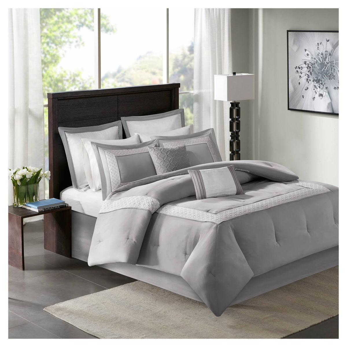 8 Piece Cal King Comforter Set Grey A430