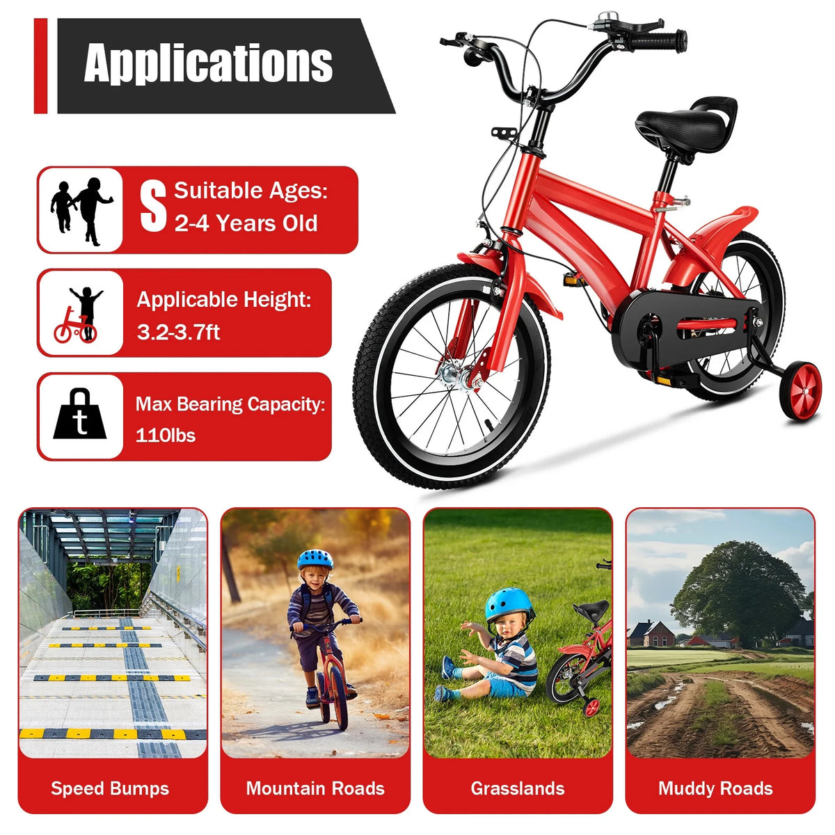 14 Inch Kids Bike with Training Wheels and Mudguards, Red N17769