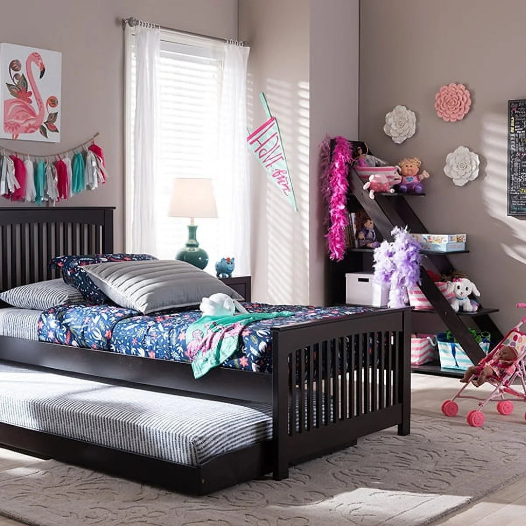 Twin Dark Brown Solid Wood Platform Bed with Trundle O376156