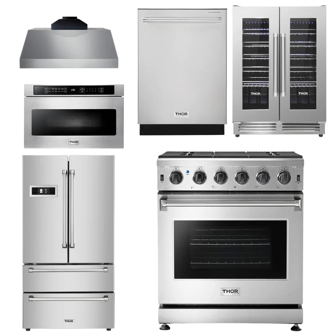 30 Propane Gas Range, Range Hood, Microwave, Refrigerator, Dishwasher, Wine Cooler X33962