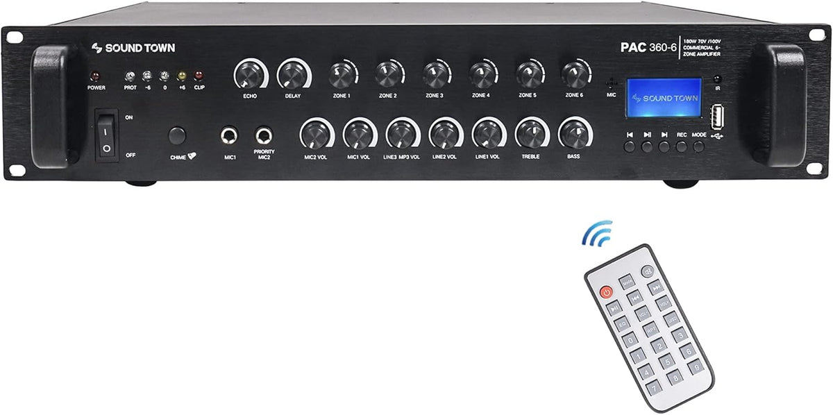 360W 6-Zone 70V/100V Commercial Power Amplifier with Bluetooth, Optical, Phantom Power R558042