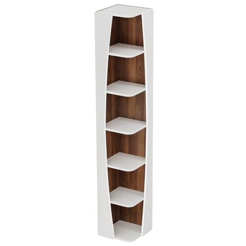 White and Walnut 6-Tier Corner Bookcase H3267
