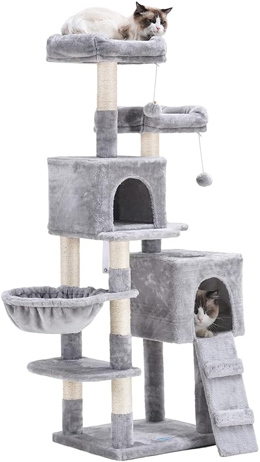 58'' Multi-Level Cat Tree Condo Furniture with Sisal-Covered Scratching Posts, 2 Plush Condos, Hammock (Light Gray) A4205