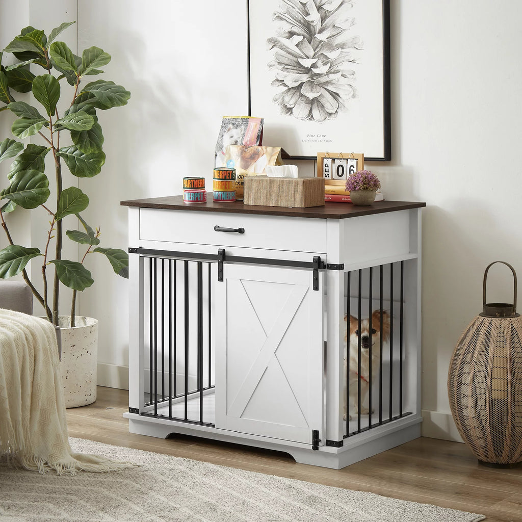 White Wooden Dog Crate with Sliding Barn Door D150785