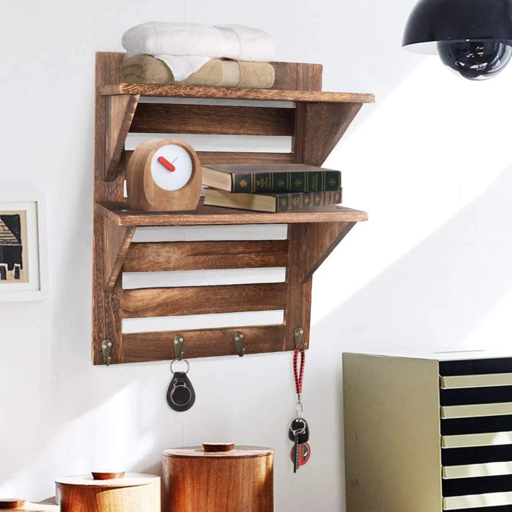 Rustic Wooden 2-Tier Wall Mounted Shelves with 4 Hooks X596695