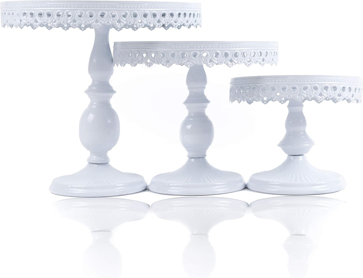 Set of 3 Antique Round Metal Cake Stands 12, 10, 8 Inch White O7417