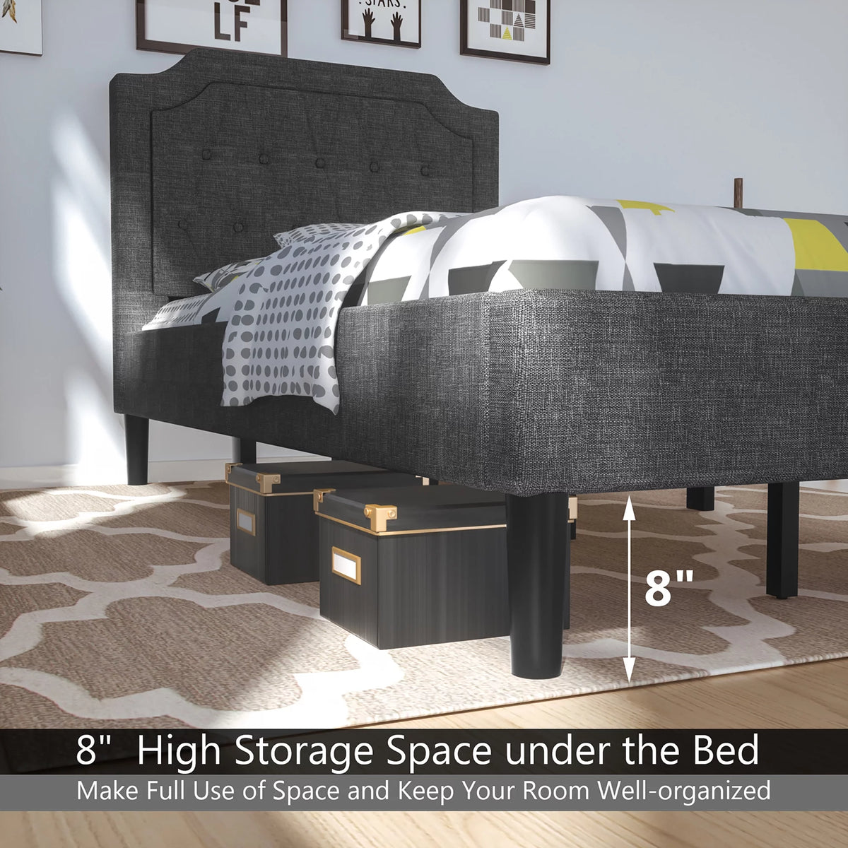 Twin Upholstered Platform Bed Frame with Linen Headboard, Grey K867935