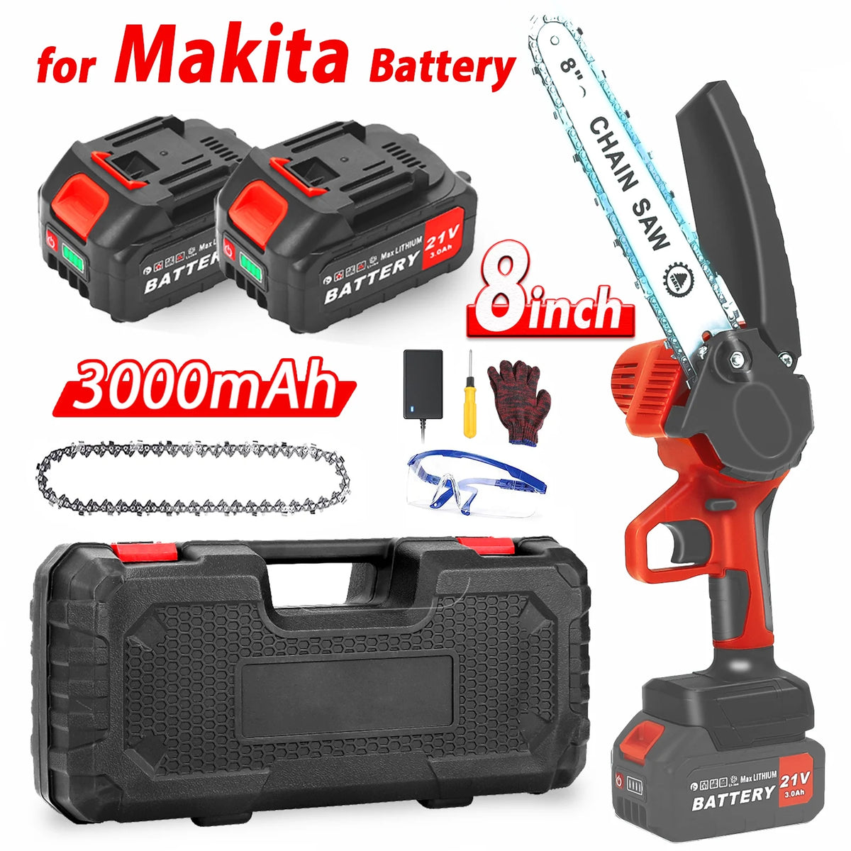 8 inch Cordless Mini Chainsaw with 2 Chains and 3.0Ah Battery G50374