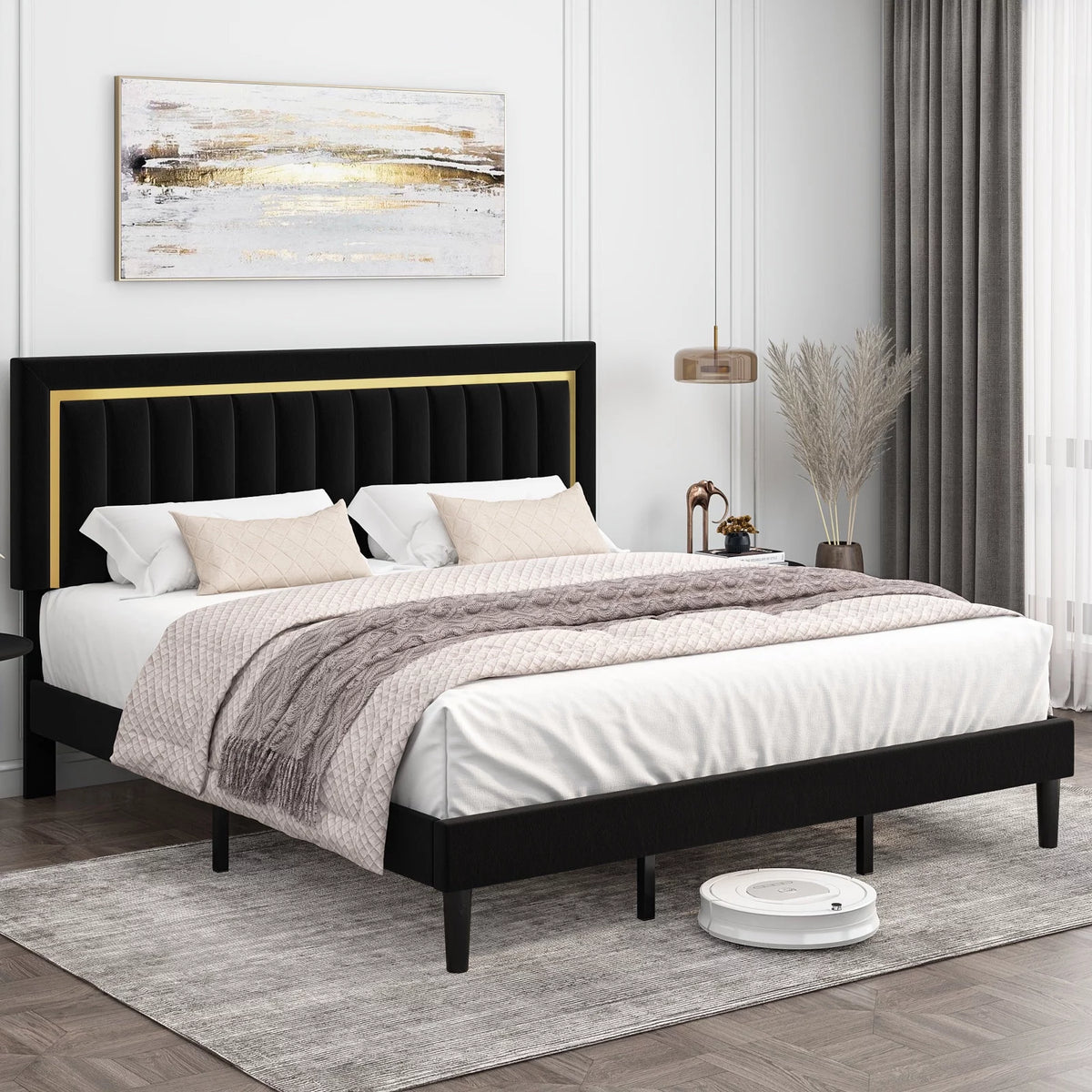 Queen Velvet Tufted Upholstered Platform Bed Frame V7784