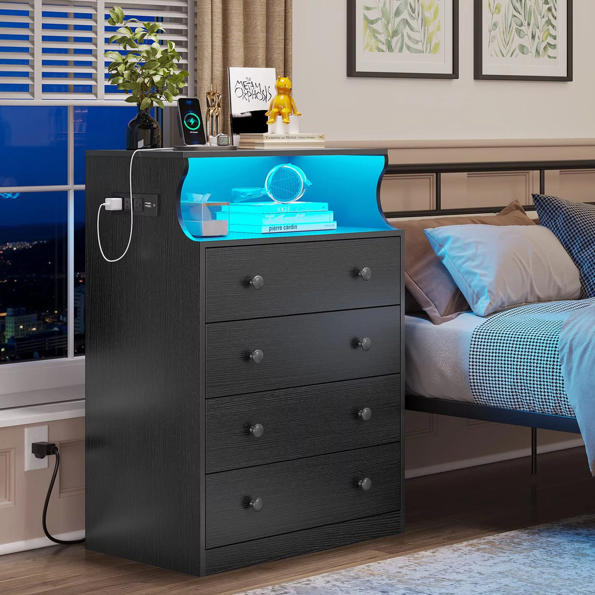 Black 4 Drawer Dresser with Charging Station V11596