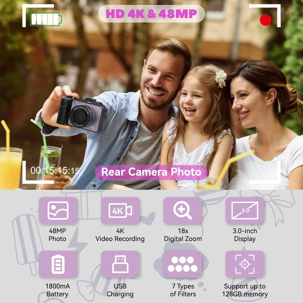 48MP 4K Digital Camera with Dual Cameras and 32GB Micro Card J44744