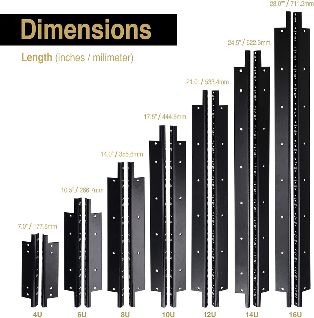 2-pack 20U Steel Rack Rails with Black Powder Coated Finish and Screws U18051