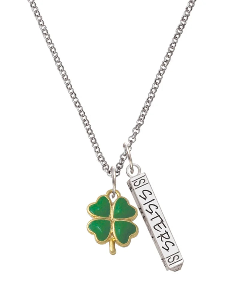 Goldtone Opaque Green Four Leaf Clover Silvertone Bar Charm Necklace, 23" R15383