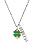 Goldtone Opaque Green Four Leaf Clover Silvertone Bar Charm Necklace, 23" R15383