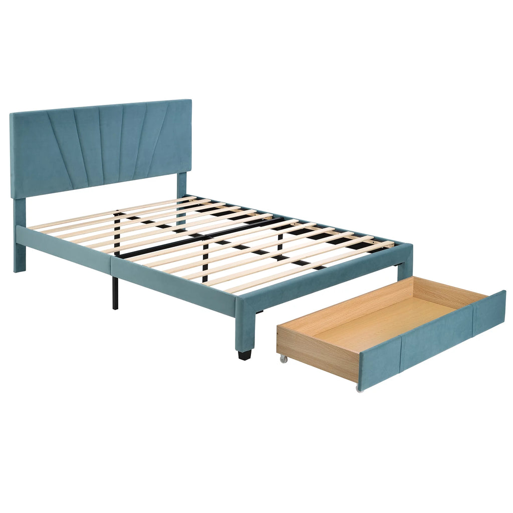 Queen Velvet Upholstered Platform Bed Frame with Drawer P635