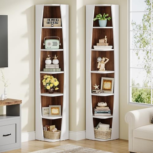 White and Walnut 6-Tier Corner Bookcase H3267