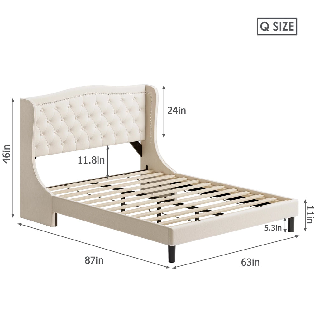 King Bed Frame with Wing-Back Button Tufted Upholstered Headboard S770