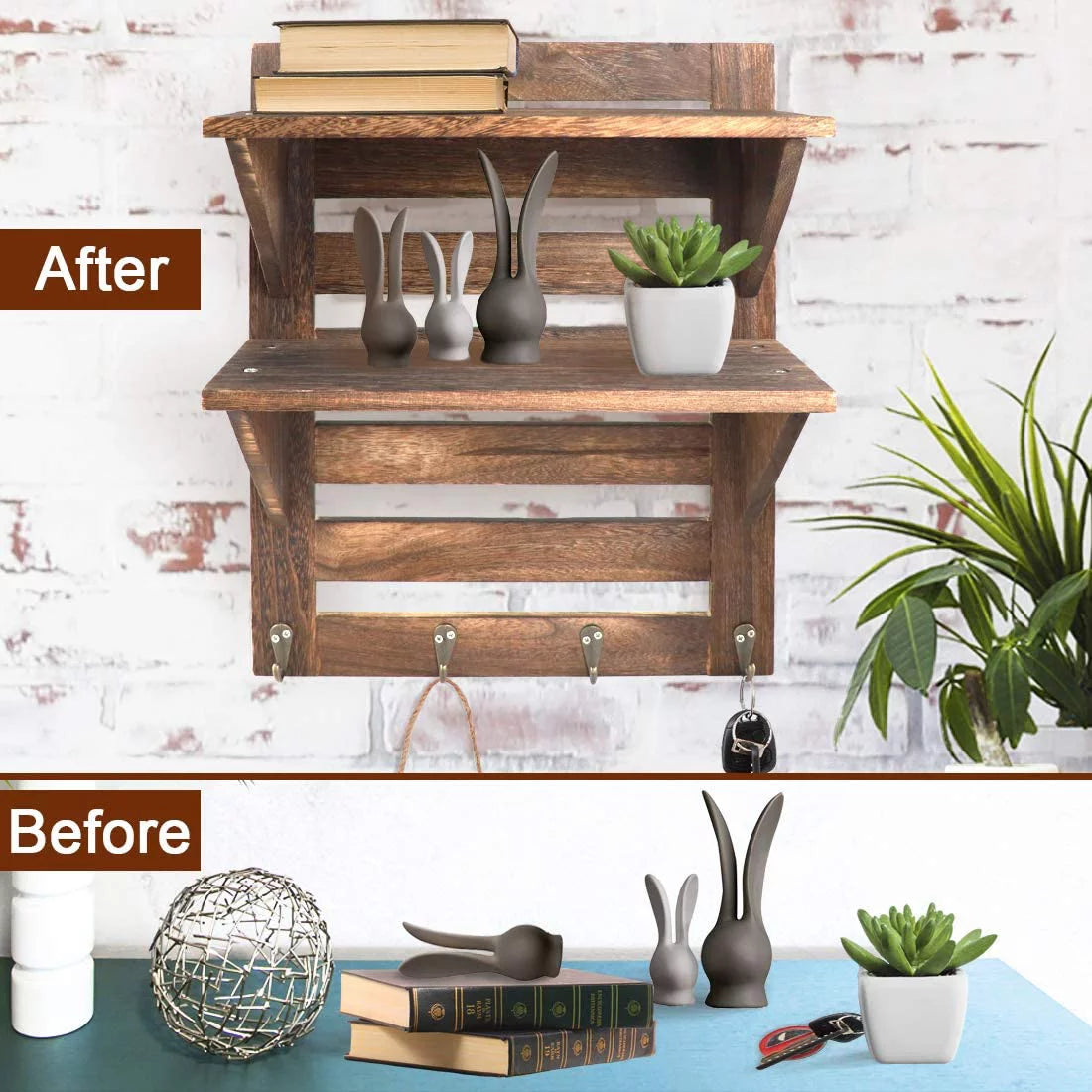 Rustic Wooden 2-Tier Wall Mounted Shelves with 4 Hooks X596695