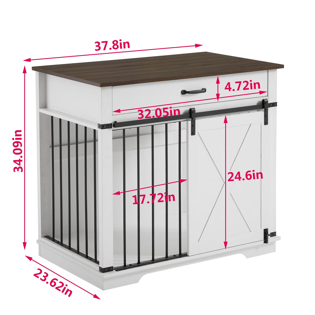 White Wooden Dog Crate with Sliding Barn Door D150785