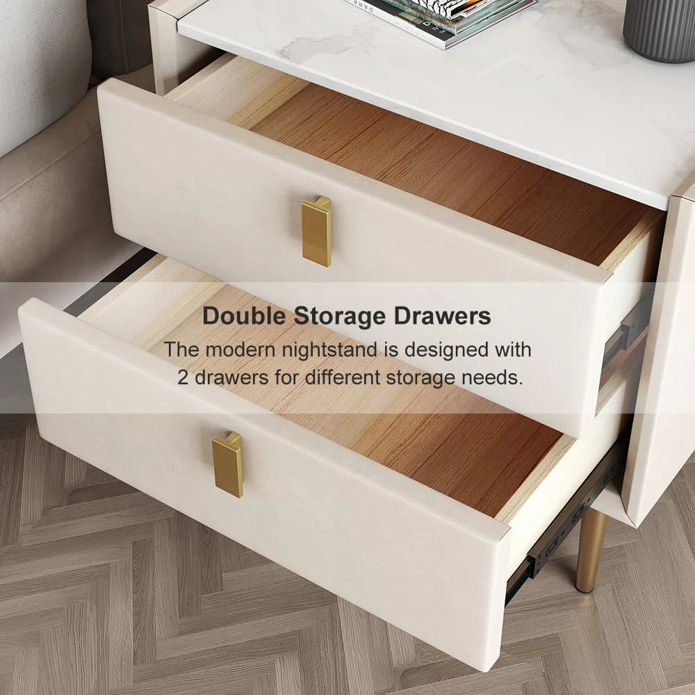 Modern 2 Drawers PU Leather Nightstand with Gold Metal Legs S1921
