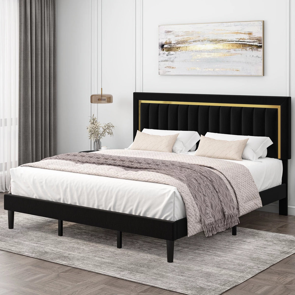 Queen Velvet Tufted Upholstered Platform Bed Frame V7784