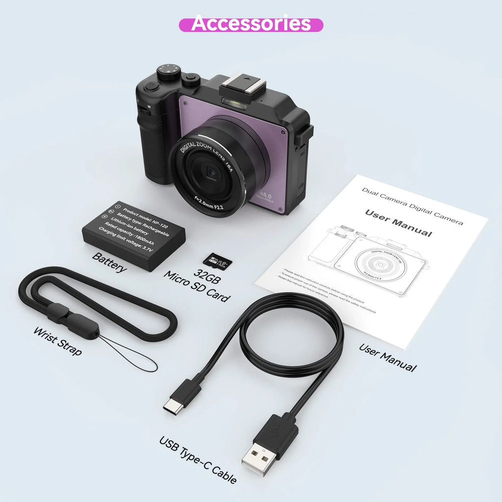 48MP 4K Digital Camera with Dual Cameras and 32GB Micro Card J44744