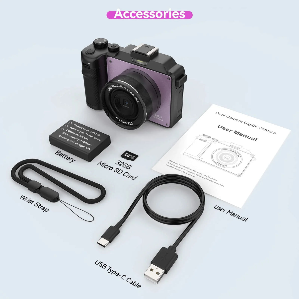 48MP 4K Digital Camera with Dual Cameras and 32GB Micro Card J44744