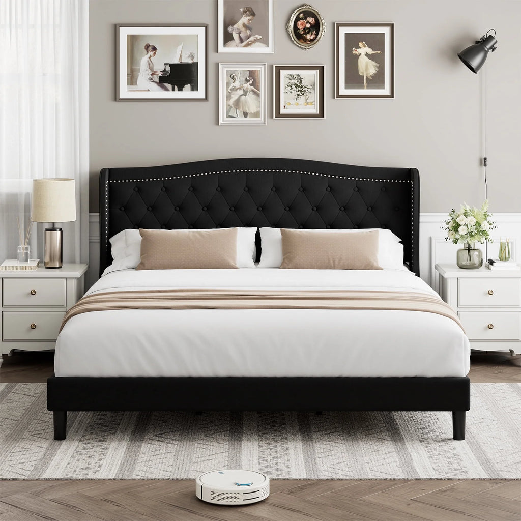 King Bed Frame with Wing-Back Button Tufted Upholstered Headboard S770