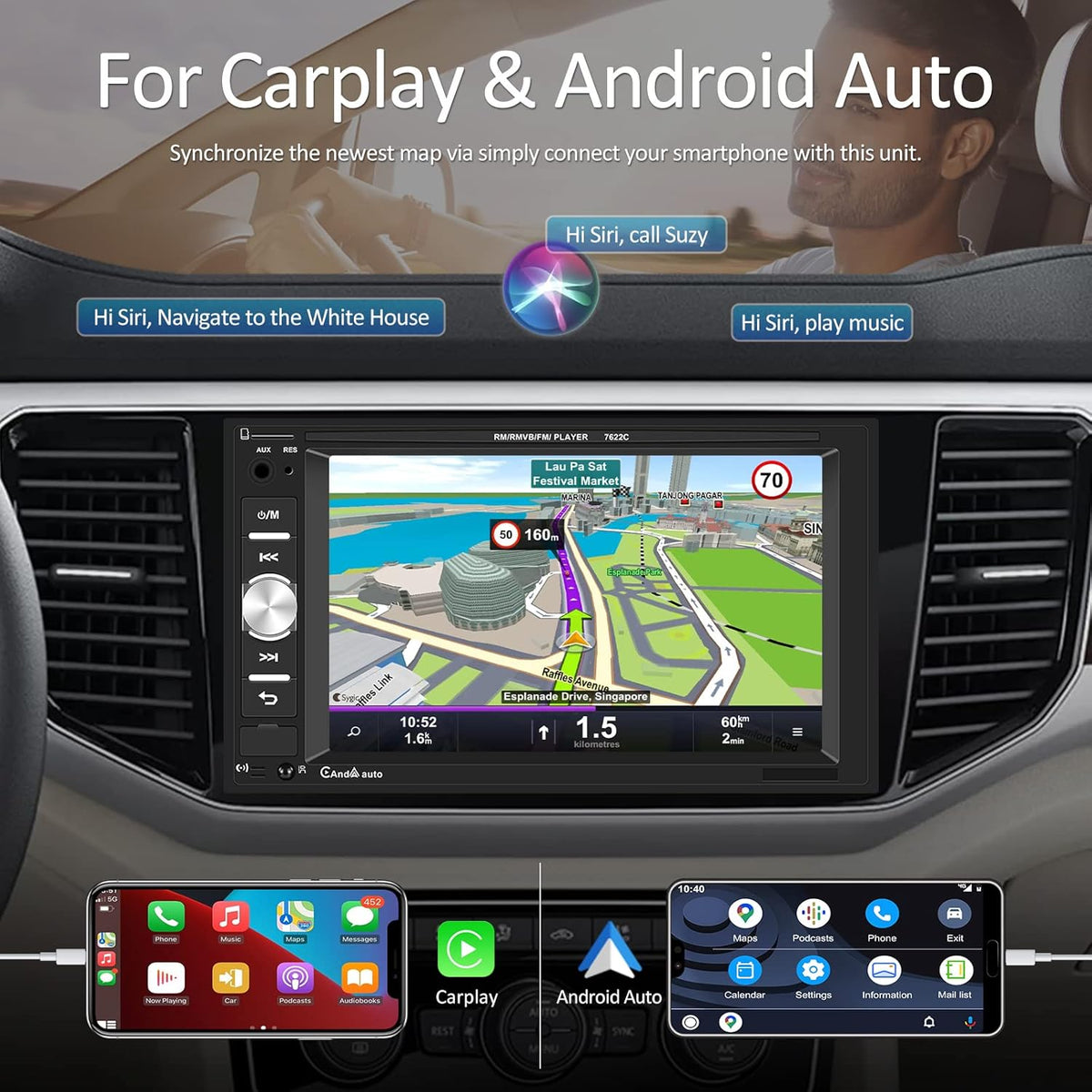 6.2" Touch Screen Car Stereo with Carplay Android Auto Bluetooth Backup Camera H940