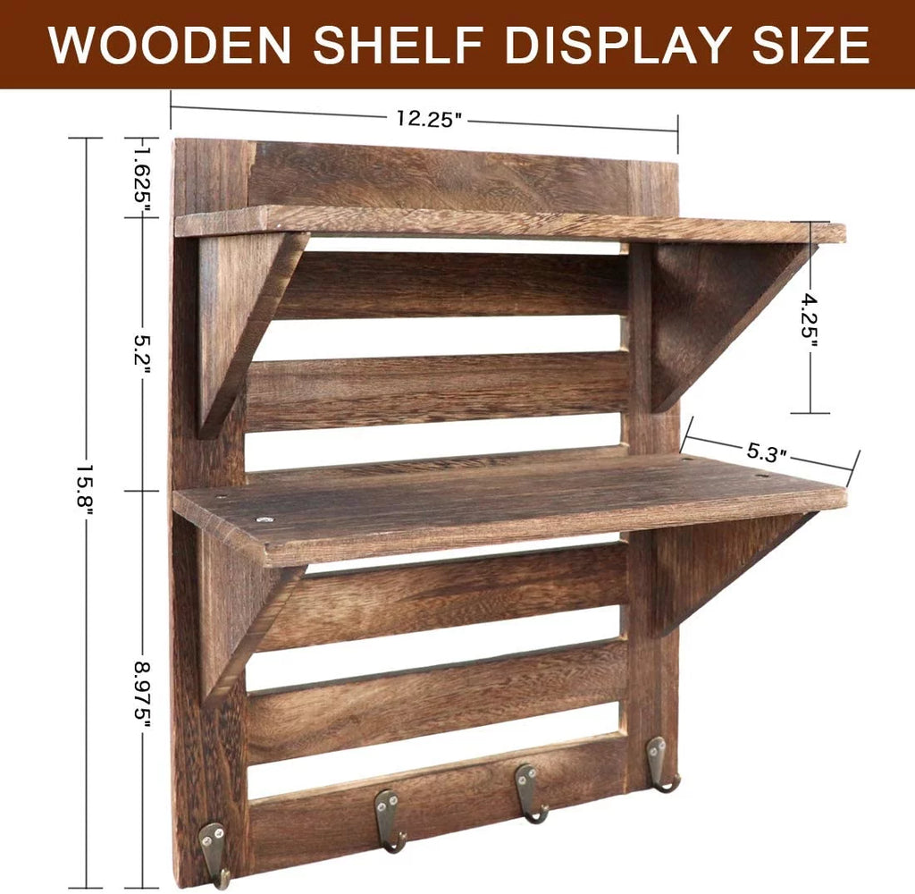Rustic Wooden 2-Tier Wall Mounted Shelves with 4 Hooks X596695
