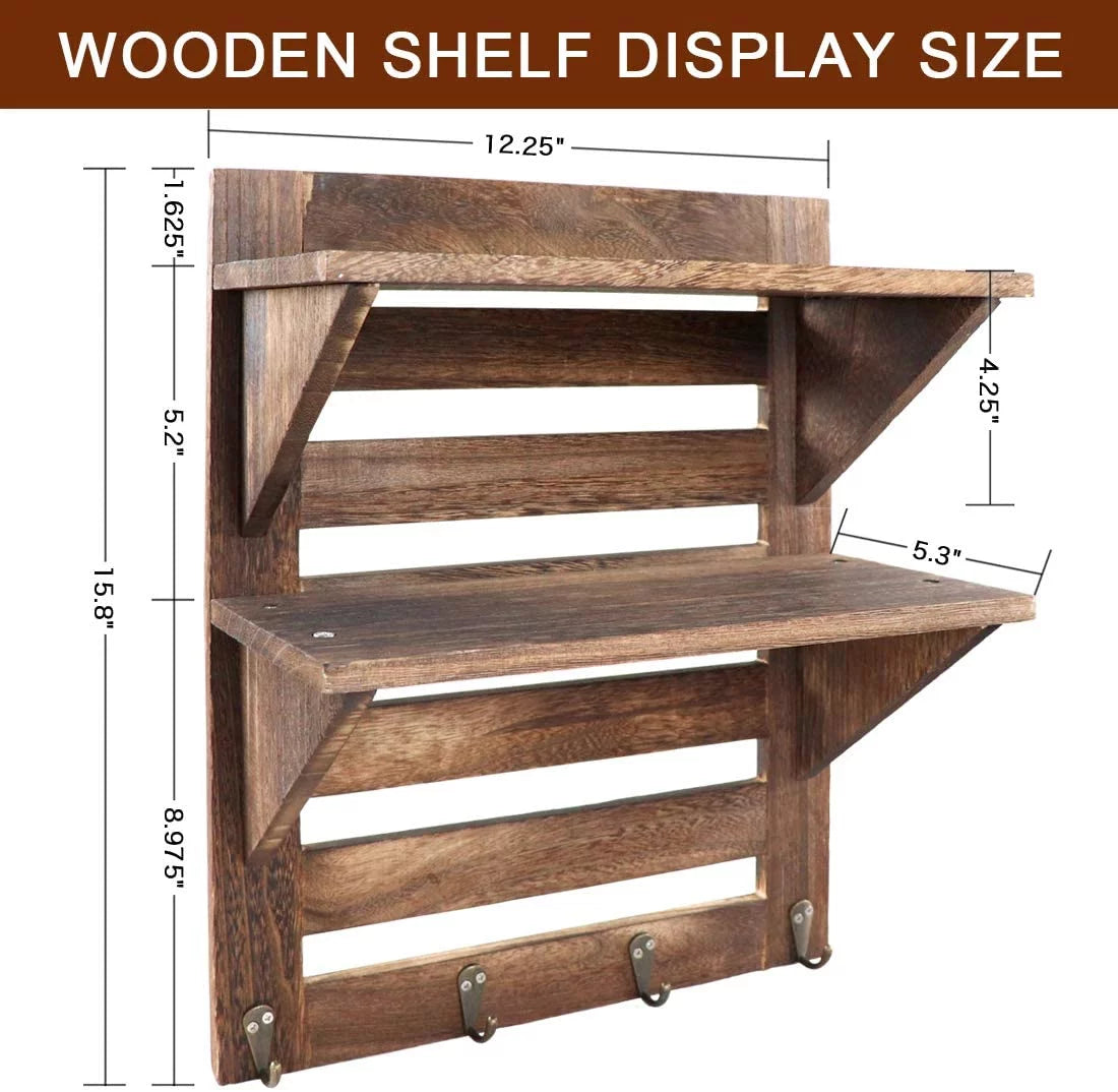 Rustic Wooden 2-Tier Wall Mounted Shelves with 4 Hooks X596695