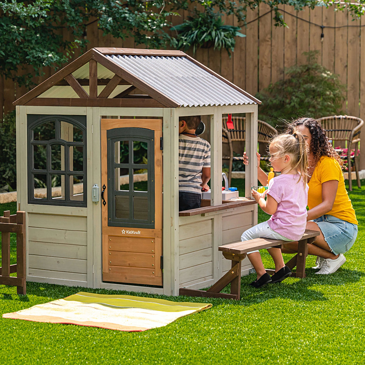 Wooden Outdoor Playhouse with Doorbell and 13 Pieces K343