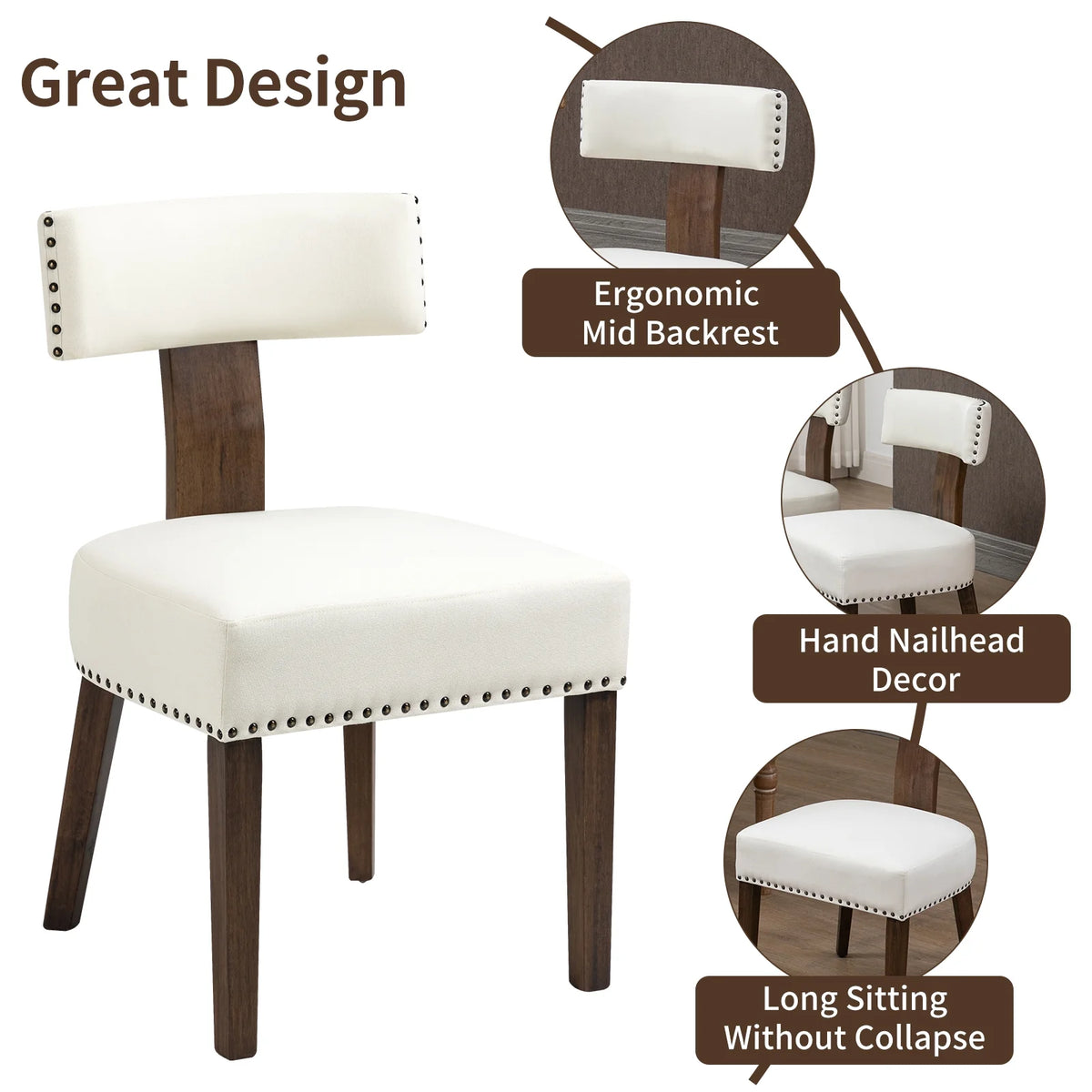 Beige Upholstered Linen Dining Chairs Set of 6 with Wooden Legs G70912
