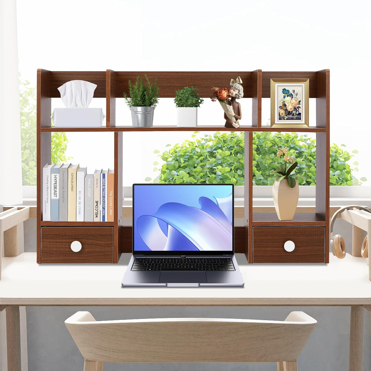 Dark Walnut Wood Desk Hutch with 2 Drawers X849