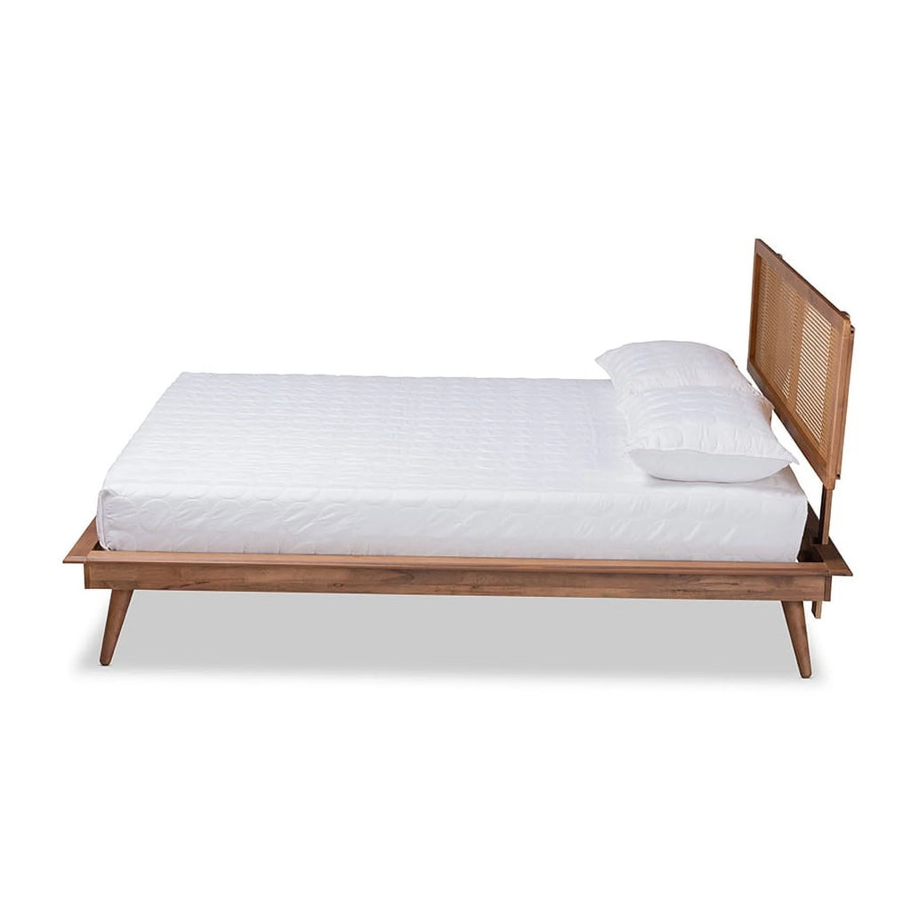 Walnut Brown Wood and Synthetic Rattan Full Size Platform Bed V989