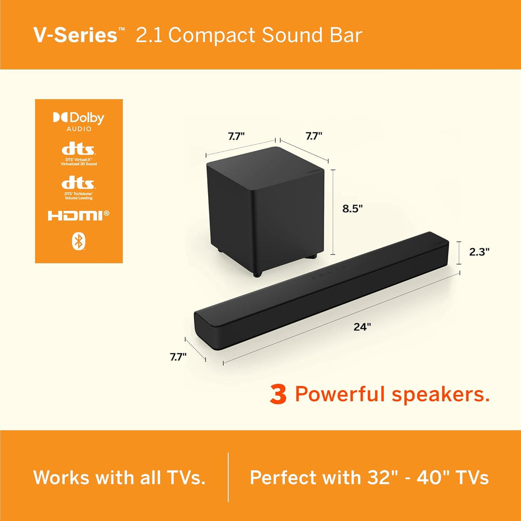 24-inch 1080p Smart TV and 2.1 Channel Sound Bar with Wireless Subwoofer Home Theater System U382