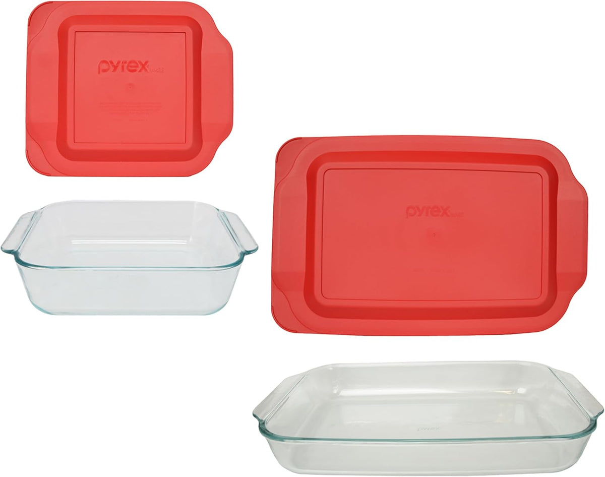 Clear Glass Baking Dish Bundle with Red Plastic Lids B691