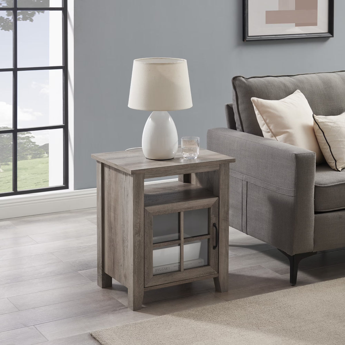 Grey Wash Glass Door Accent Table A305