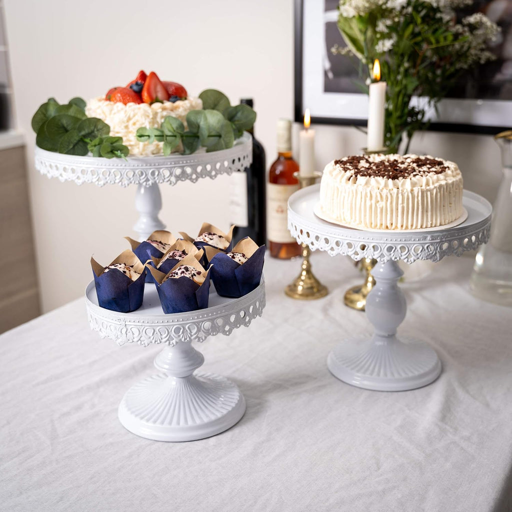 Set of 3 Antique Round Metal Cake Stands 12, 10, 8 Inch White O7417