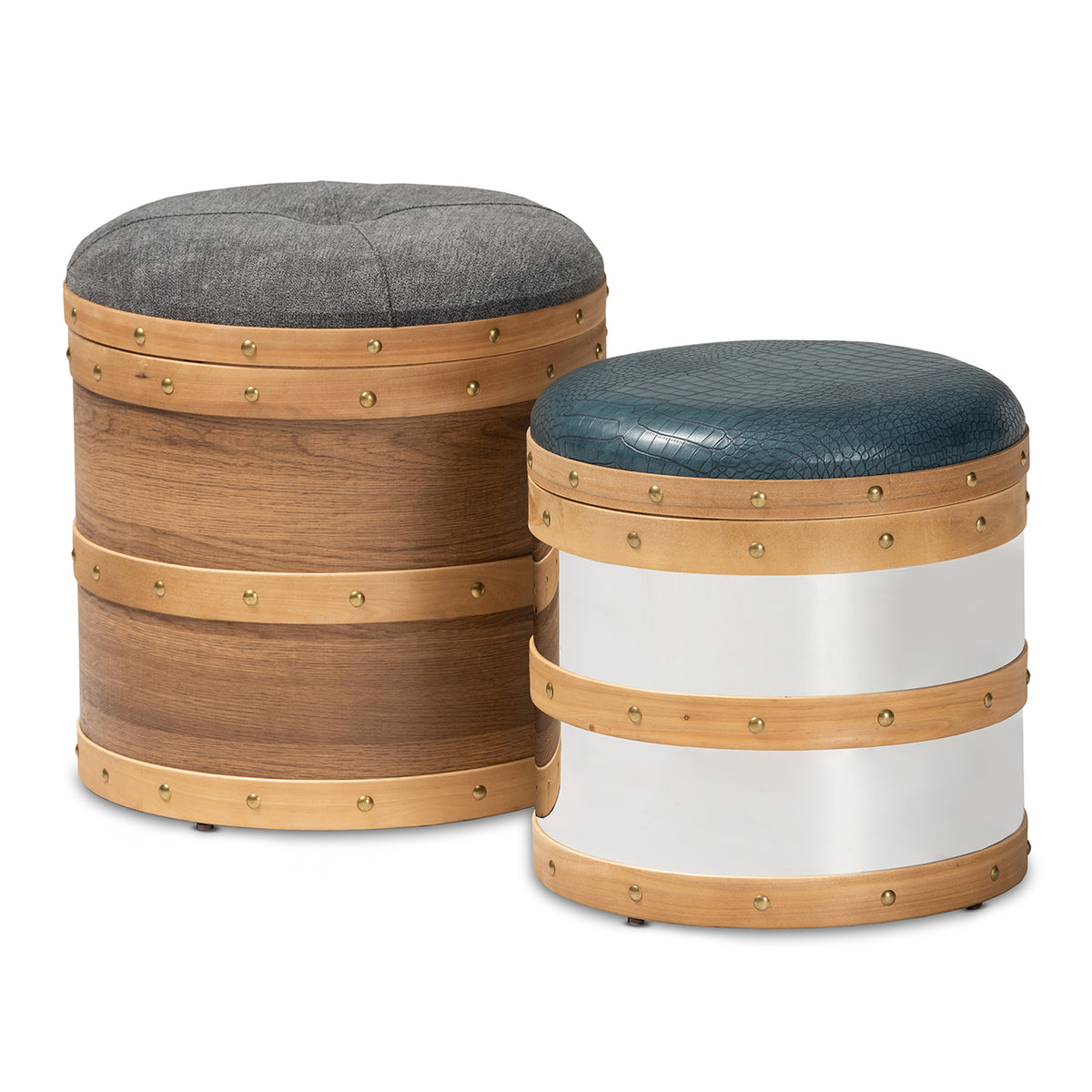 Grey Fabric and Blue Alligator Faux Leather 2-Piece Wood and Metal Storage Ottoman Set Z5835