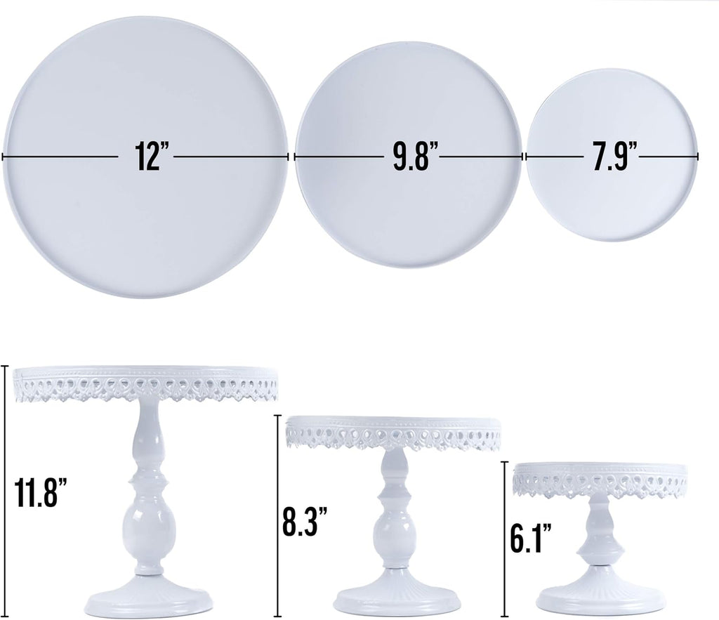 Set of 3 Antique Round Metal Cake Stands 12, 10, 8 Inch White O7417